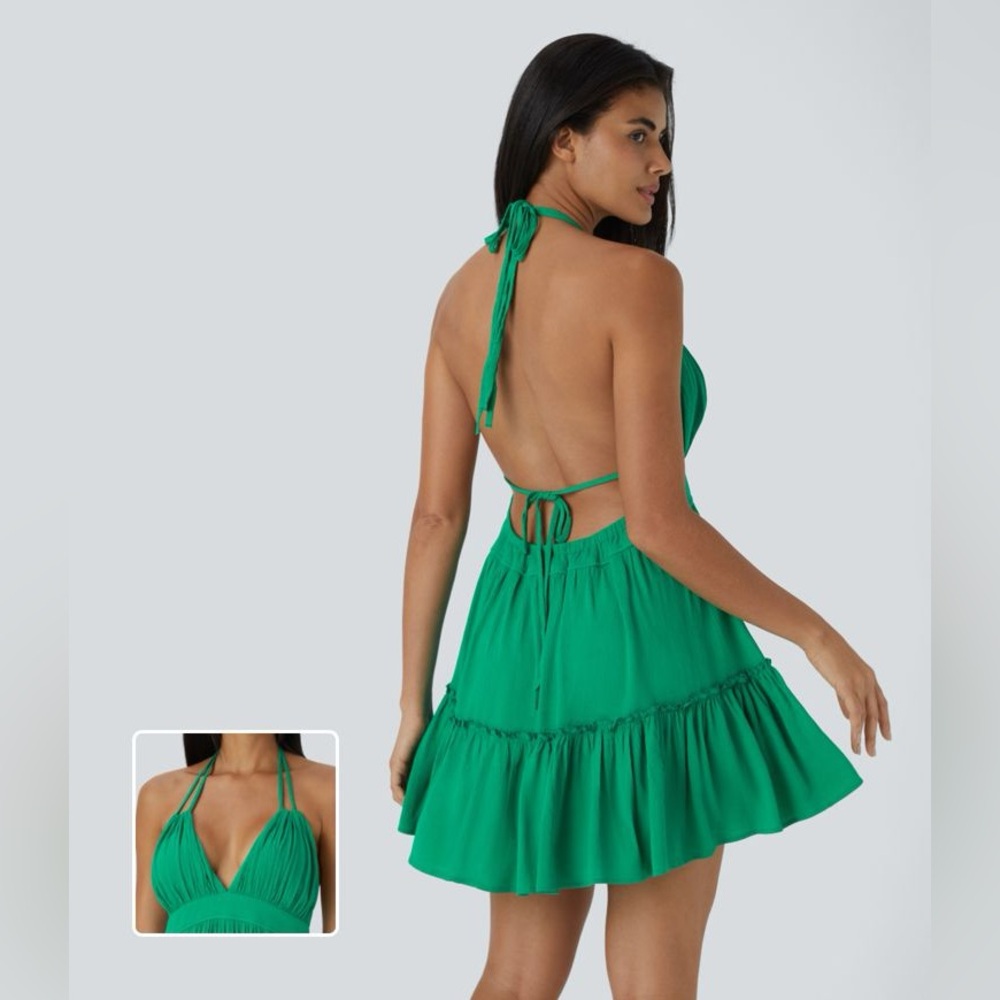 Halara Halter Backless Tie Back Frill Ruffle Hem Flowy Mini Linen-Feel Dress XL